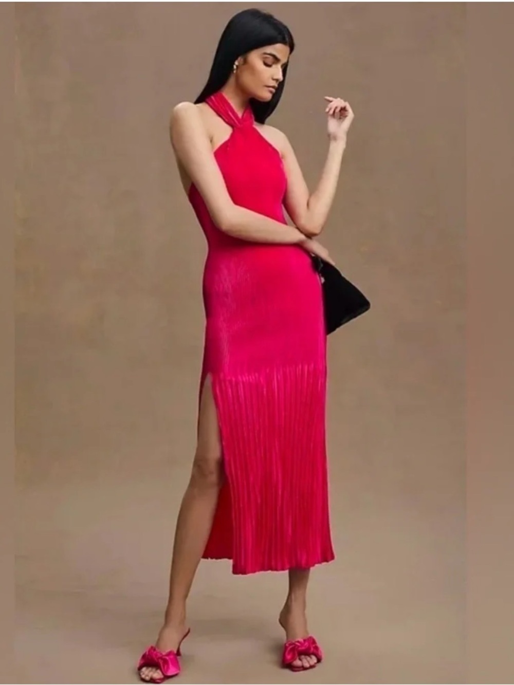 Flamingo Halter Pleated Midi Dress